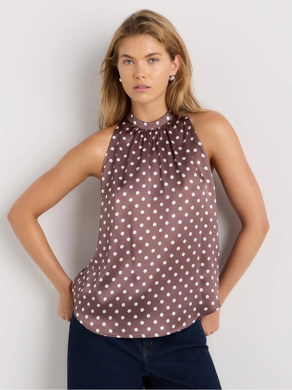 Quince 100% Washable Silk Brown Polka Dot Halter Top NWT Size S chic 90s preppy